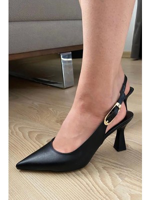 Kadın Motto Siyah Cilt Sivri Burun Arkası Acık 8 cm Topuklu Ayakkabı