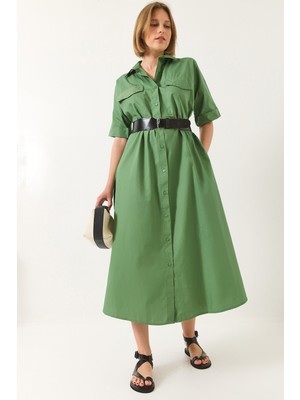 Shade Kadın Düğme Kapamalı Cep Detaylı Kemerli Poplin Gömlek Elbise