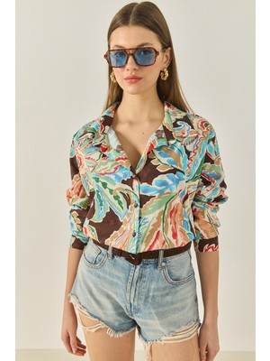 Kadın V Yaka Uzun Kollu Desenli Poplin Gömlek