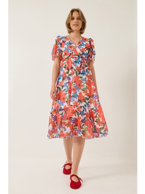 Shade Kadın Kruvaze Yaka Beli Lastikli Kuşaklı Astarlı Desenli Şifon Elbise