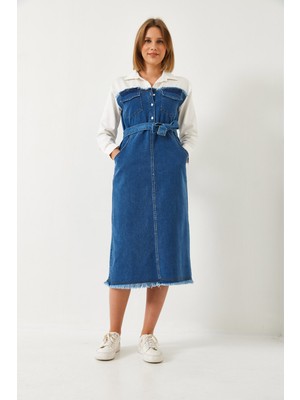 Shade Kadın Gömlek Yaka Kemerli Denim Elbise