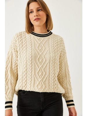 Shade Kadın Yakası Çizgili Saç Örgülü Triko Kazak