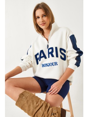 Denim Detaylı Üç Iplik Şardonlu Oversize Fermuarlı Sweatshirt