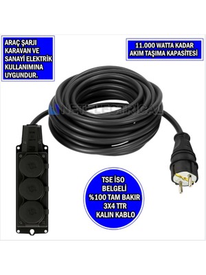 3'lü 5 Metre | 3x4 Ttr Tam Bakır Kalın Kablolu | Monofaze Kauçuk Grup Priz