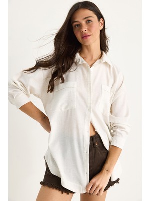 Kadın Çift Cepli Kendinden Yaldızlı Uzun Kollu Gömlek