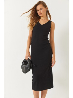 Shade Kadın V Yaka Kalın Askılı Midi Boy Basic Elbise