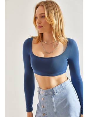 Kadın Uzun Kol Kare Yaka Crop Bluz