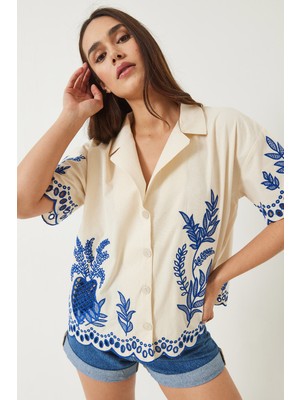 Shade Kadın Ceket Yaka Ajurlu Kısa Kollu Nakışlı Keten Gömlek