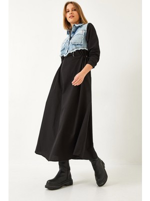 Shade Kadın Denim Garnili Uzun Kloş Elbise