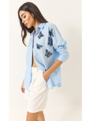 Shade Kadın Kelebek Boncuk Taş Işlemeli Aerobin Oversize Gömlek