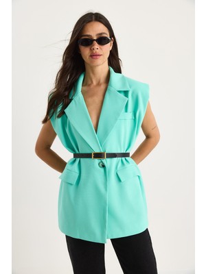 Shade Kadın Cep Detaylı Kemerli Vatkalı Oversize Astarlı Blazer Yelek