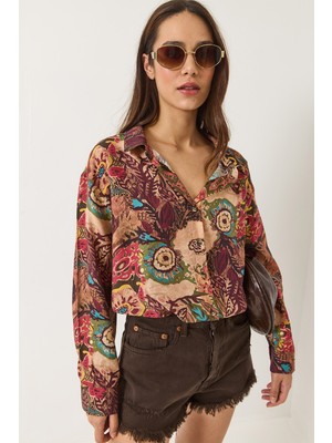 Shade Kadın Desenli Oversize Vintage Gömlek