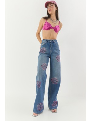 Kadın Gül Desenli Renkli Taş Baskılı Yüksek Bel Straight Denim Pantolon