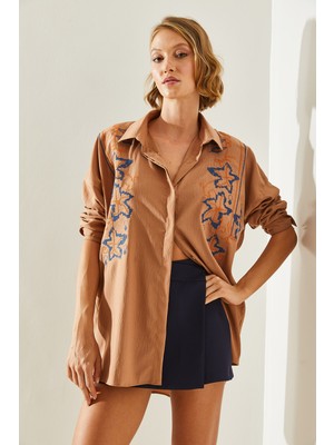 Kadın Nakış Işleme Desenli Oversize Gömlek