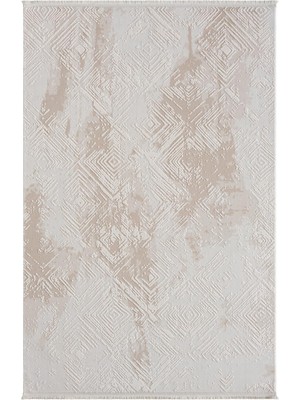 Kaftan KF007B Bej Halı Geometrik Kabartma Desenli Akrilik Halı Tozuaz Salon Halısı Yatak Odası