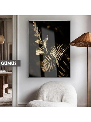 Harikabirev|gold Eğrelti Otu Modern Model 01 |çerçeveli Temperli Cam Tablo Tekli Dikey