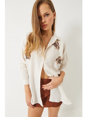 Shade Kadın Yaprak Boncuk Taş Nakış Işlemeli Keten Aerobin Oversize Gömlek