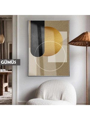 Harikabirev|gri-Altın Renk Soyut Boho Model 01 |çerçeveli Temperli Cam Tablo Tekli Dikey
