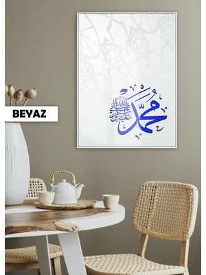 Harikabirev|muhammed(Sav) Mavi Renk Dini Model |çerçeveli Temperli Cam Tablo Tekli Dikey