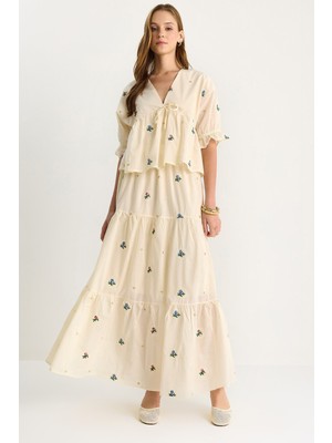 Shade Kadın Çiçek Nakış Detaylı Önden Bağlamalı Bluz Beli Lastikli Astarlı Etek Keten Takım