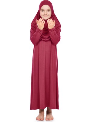 Pratik Başörtülü Tek Parça Kız Çocuk Namaz Elbisesi 9-11 Yaş Kırmızı
