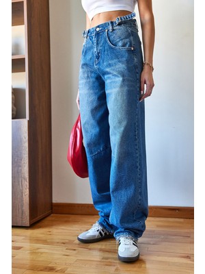 Shade Kadın Püsküllü Yanları Tokalı Denim Pantolon