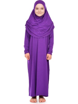 Pratik Başörtülü Tek Parça Kız Çocuk Namaz Elbisesi 9-11 Yaş Mor