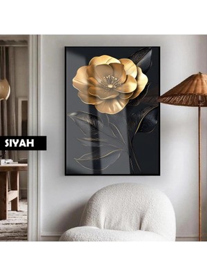 Harikabirev|siyah-Altın Manolya Elegant Model 02 |çerçeveli Temperli Cam Tablo Tekli Dikey