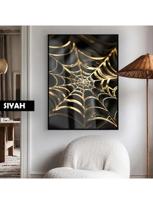 Harikabirev| Siyah-Altın Örümcek Ağı Modeli (Web)|çerçeveli Temperli Cam Tablo Tekli Dikey