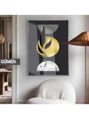 Harikabirev|gri-Gold Bohem Botanik Soyut Model |çerçeveli Temperli Cam Tablo Tekli Dikey