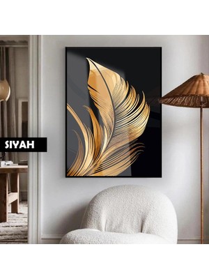 Harikabirev| Altın -Siyah Tüy Modeli 02 (Feather)|çerçeveli Temperli Cam Tablo Tekli Dikey