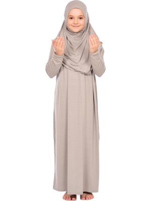 Pratik Başörtülü Tek Parça Kız Çocuk Namaz Elbisesi 9-11 Yaş Vizon