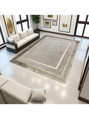 Altın Detaylı Bej Peluş Halı – El Yapımı Özel Ölçü Yatak Odası Halısı