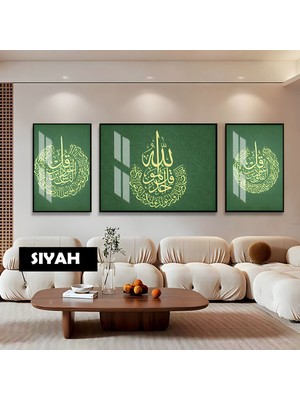 Harikabirev|sarı-Yeşil Renk Felak-Nas-Ihlas Dini Model|çerçeveli Temperli Cam Tablo 3lü Yatay