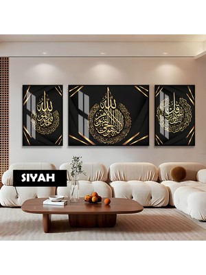 Harikabirev|altın Desen Ayetel Kürsi-Nas-Ihlas Dini Model|çerçeveli Temperli Cam Tablo 3lü Yatay