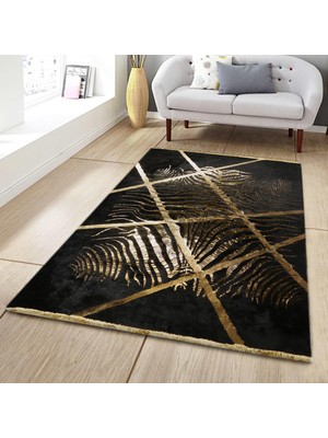 Modern Siyah Peluş Halı - Altın Varaklı Lüks Salon Halısı
