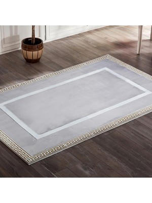 Gri Beyaz Şeritli Peluş Halı - Şık Yatak Odası Halısı