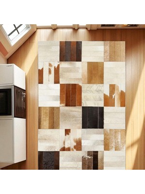 Krem Kahve Renkli Dana Derisi Halı – El Yapımı Patchwork Şık Yatak Odası Halısı