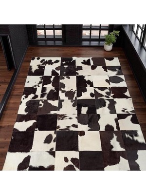 El Yapımı Siyah Beyaz Patchwork Halı – Doğal Dana Derisi Yatak Odası Halısı