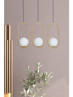 3'lü Sarı Metal ve Beyaz Camlı Şık Sıralı Modern Avize