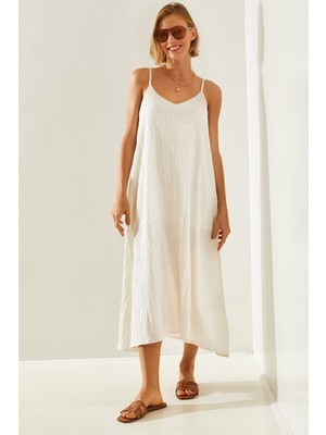 Kadın Keten Ip Askılı Asimetrik Kesim Basic  Elbise