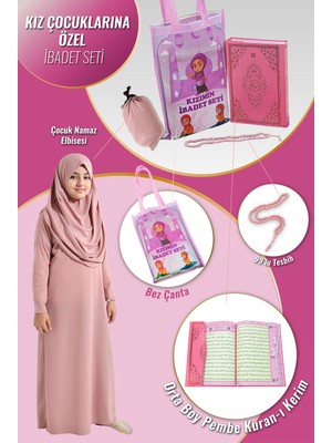 Kuran Kursları Için Çantalı Kız Çocuk Namaz Elbisesi, Kuranı Kerim, Tesbih Ibadet Seti Pembe