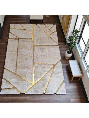 Altın Bordürlü Beyaz Peluş Halı - Yumuşak Yatak Odası Halısı