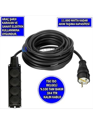 4'lü 80 Metre |3x4 Ttr Tam Bakır Kalın Kablolu| Monofaze Kauçuk Grup Priz