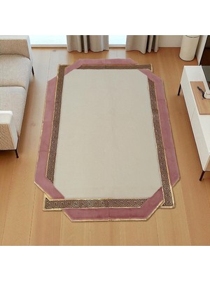 Pembe ve Altın Bordürlü Krem Peluş Halı - Yumuşak Yatak Odası Halısı