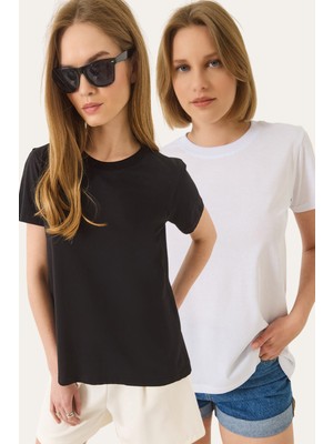 Shade Kadın % Organik Pamuklu Comfort Fit Arkası Uzun Basic Ikili T-Shirt