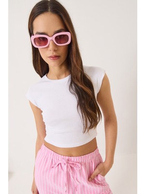 Kadın Bisiklet Yaka Kısa Kollu Basic Kaşkorse Crop Top T-Shirt