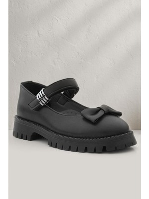 Rakerplus Siyah Mat Kalın Tabanlı Metal Detaylı Cırtlı Kız Çocuk Babet