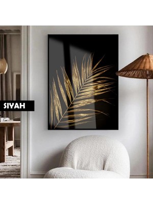 Harikabirev|altın Palmiye Yaprak Modern Model 01 |çerçeveli Temperli Cam Tablo Tekli Dikey