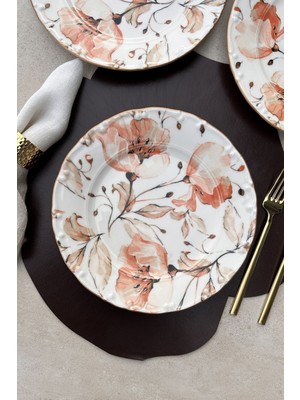 Pembe Çiçekli 6 Kişilik Porselen Servis Tabak Takımı, 25 Cm, Nostaljik Tasarım